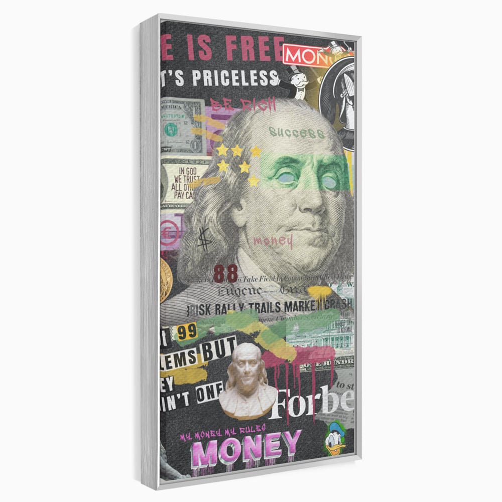 Tablou canvas cu tablou canvas cu portretul lui benjamin franklin, in rama de aluminiu argintiu
